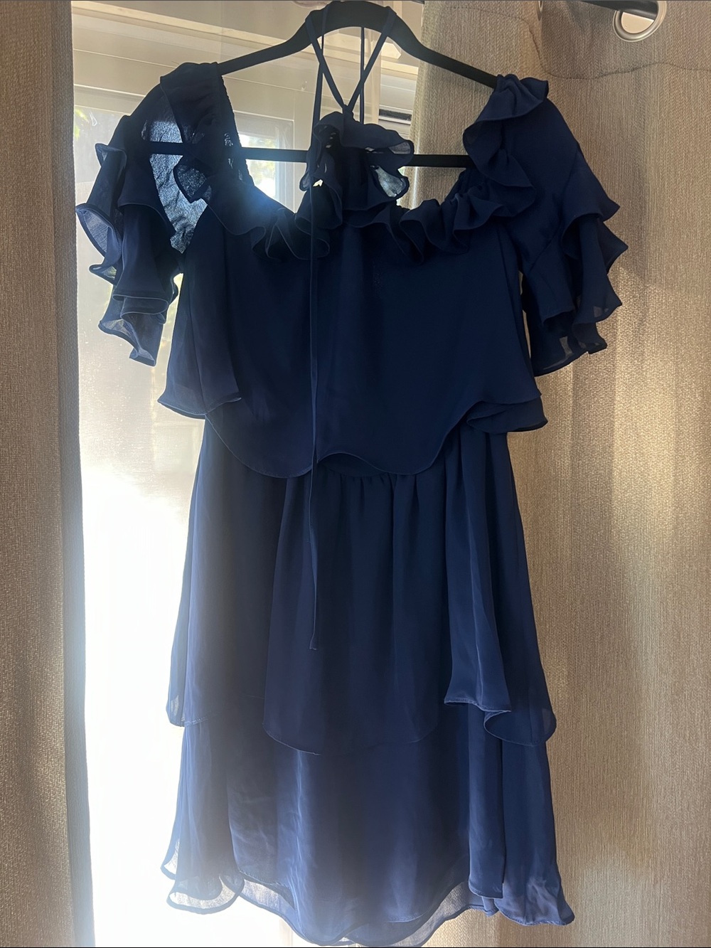 Parker Navy Ruffle Cold-Shoulder Mini Dress